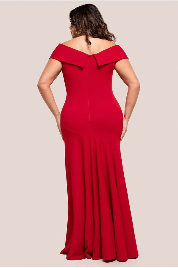 Goddiva Scuba Crepe Off Shoulder Front Split Maxi Dress - Red By Goddiva Plus