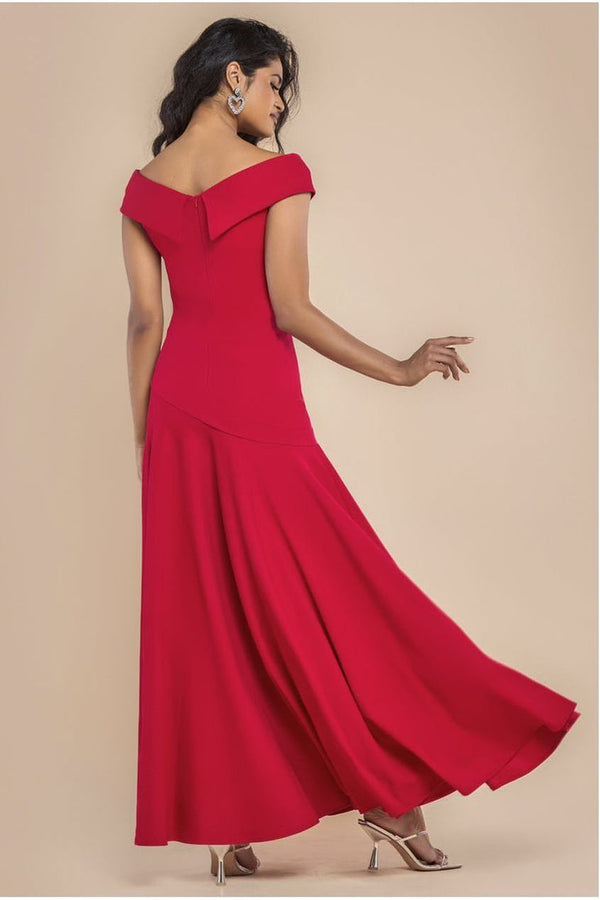 Goddiva Scuba Crepe Off Shoulder Front Split Maxi Dress - Red By Goddiva