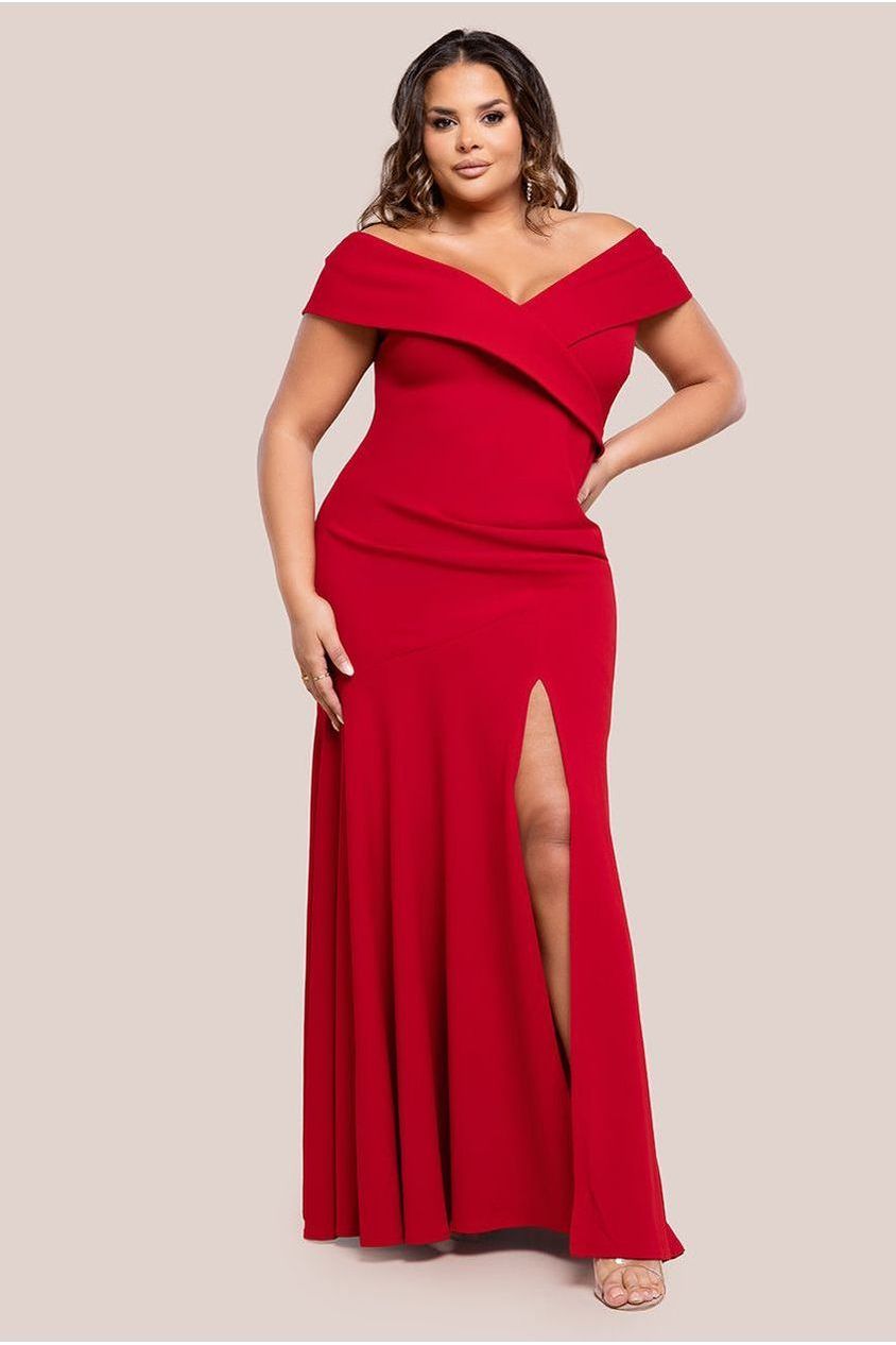 goddiva Scuba Crepe Off Shoulder Front Split Maxi Dress - Red by Goddiva Plus