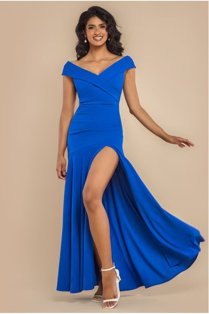 goddiva Scuba Crepe Off Shoulder Front Split Maxi Dress - Royal Blue by Goddiva