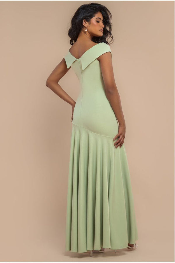 Goddiva Scuba Crepe Off Shoulder Front Split Maxi Dress - Sage Green By Goddiva