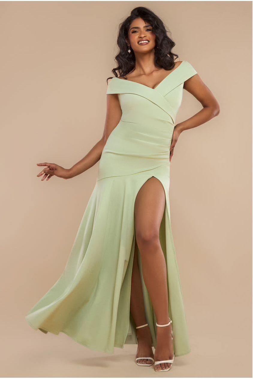 goddiva Scuba Crepe Off Shoulder Front Split Maxi Dress - Sage Green by Goddiva