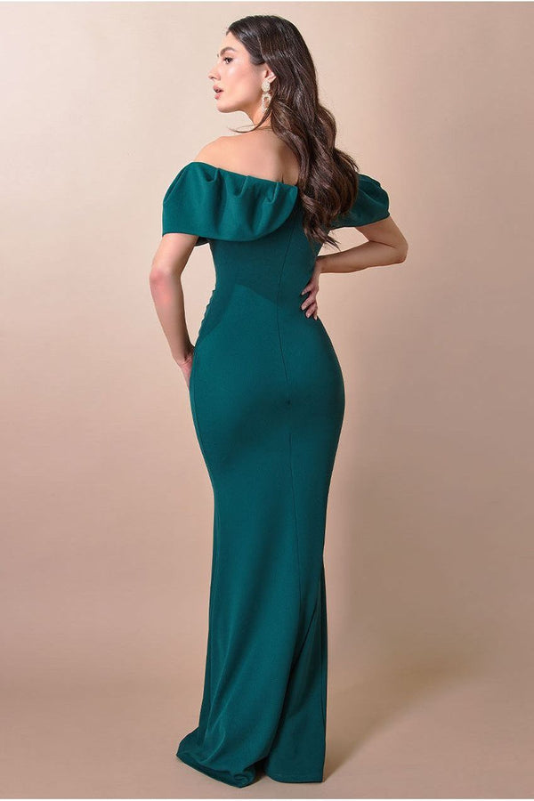 Goddiva Scuba Crepe Pleated Bardot Maxi - Emerald Green By Goddiva