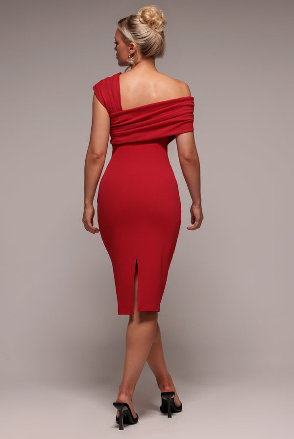 Goddiva Scuba Crepe Pleated Drop Shoulder Midi Dress - Red By Goddiva