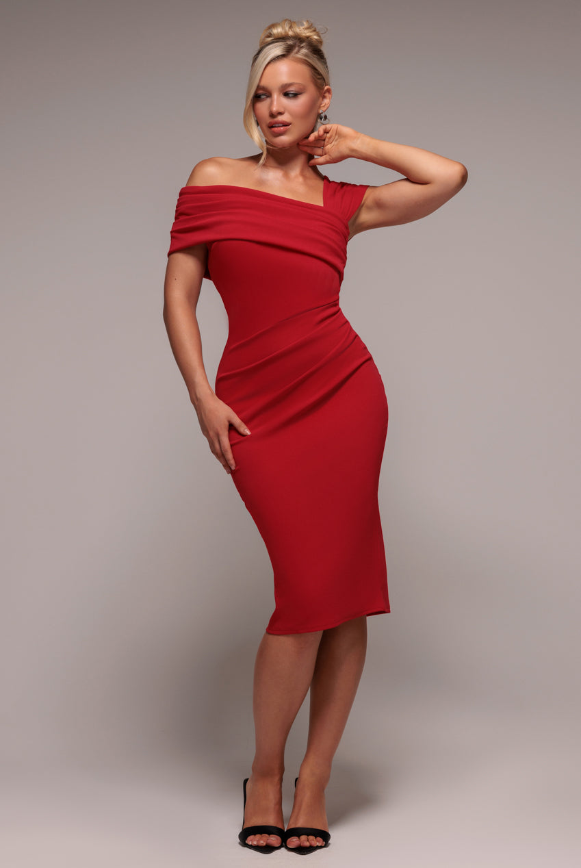 goddiva Scuba Crepe Pleated Drop Shoulder Midi Dress - Red by Goddiva