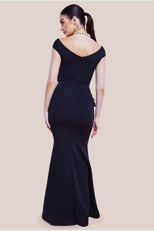 Goddiva Scuba Crepe Rose Frill Maxi Dress - Black By Goddiva