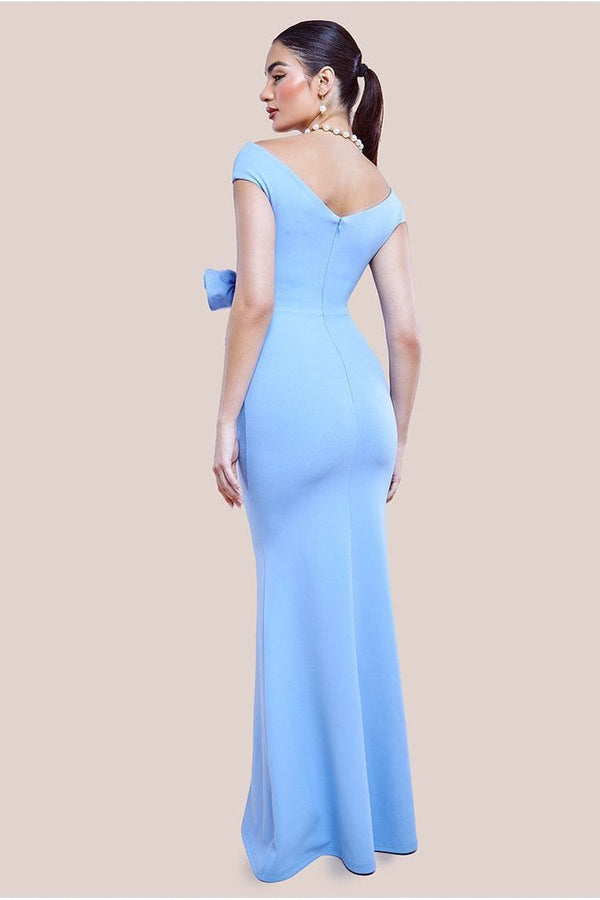 Goddiva Scuba Crepe Rose Frill Maxi Dress - Cornflower Blue By Goddiva