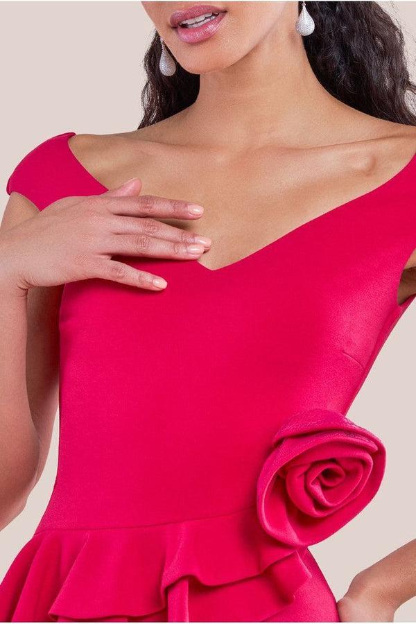 Goddiva Scuba Crepe Rose Frill Maxi Dress - Magenta By Goddiva