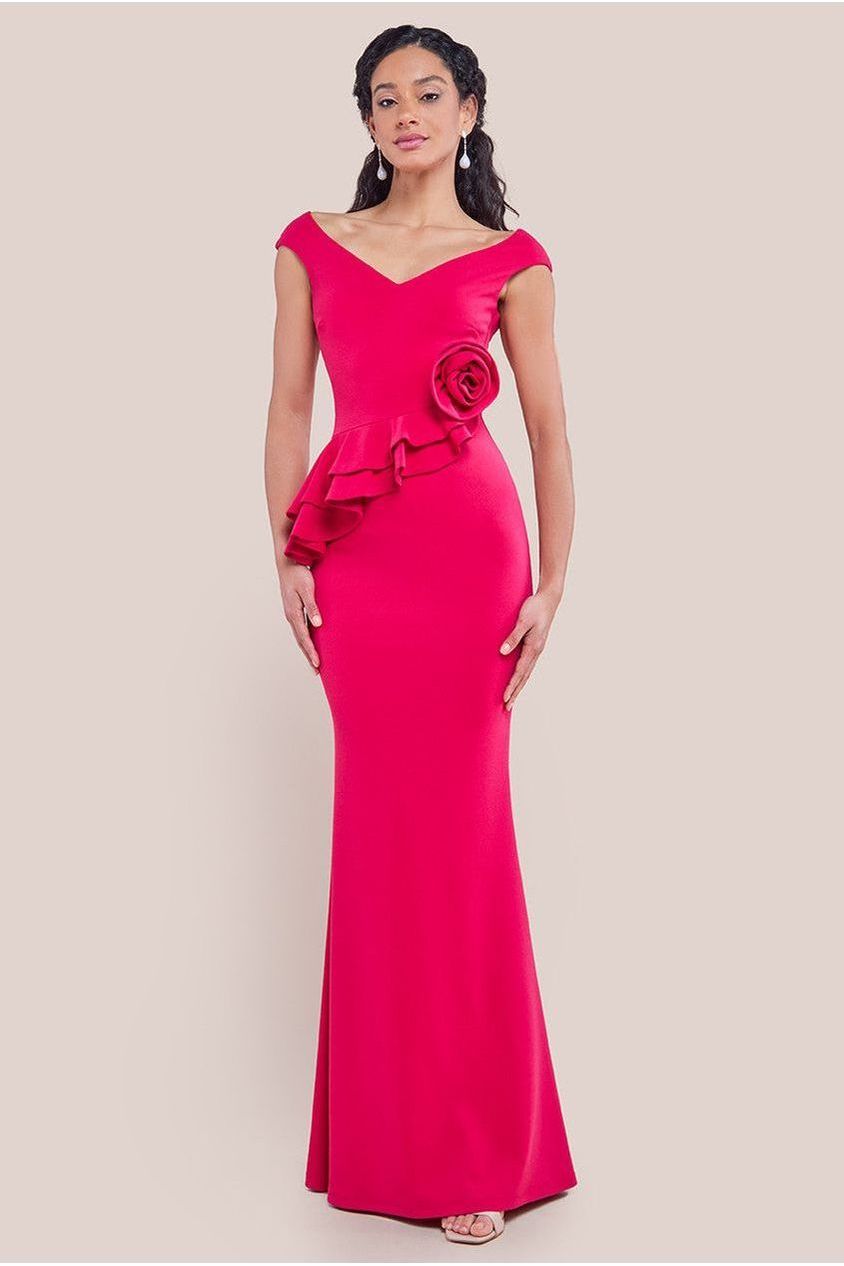 goddiva Scuba Crepe Rose Frill Maxi Dress - Magenta by Goddiva