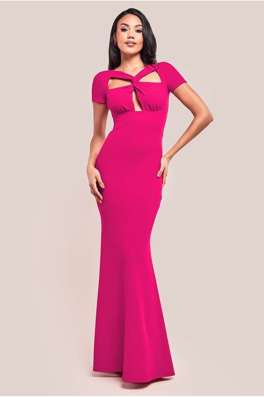 goddiva Scuba Crepe Twist Cutout Maxi Dress - Hot Pink by Goddiva