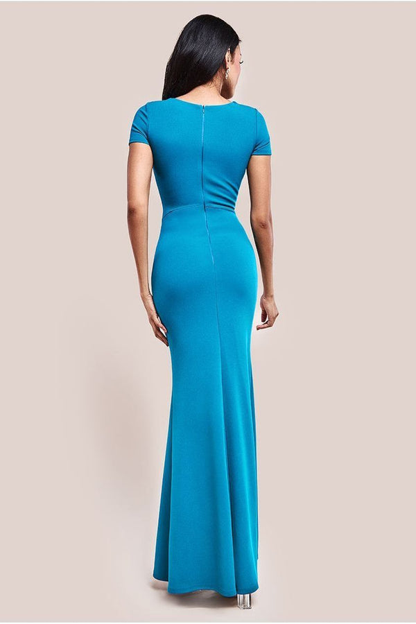 Goddiva Scuba Crepe Twist Cutout Maxi Dress - Teal Blue By Goddiva