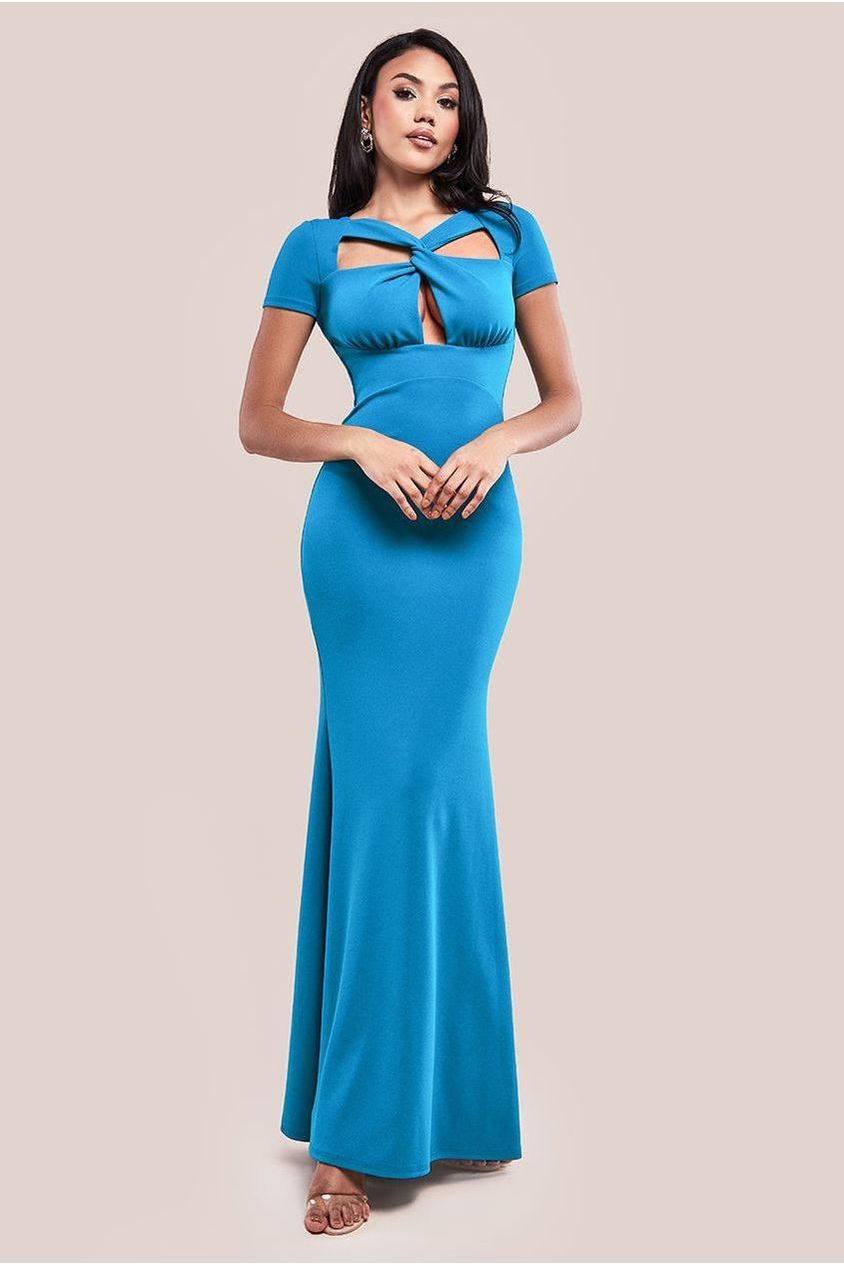 goddiva Scuba Crepe Twist Cutout Maxi Dress - Teal Blue by Goddiva
