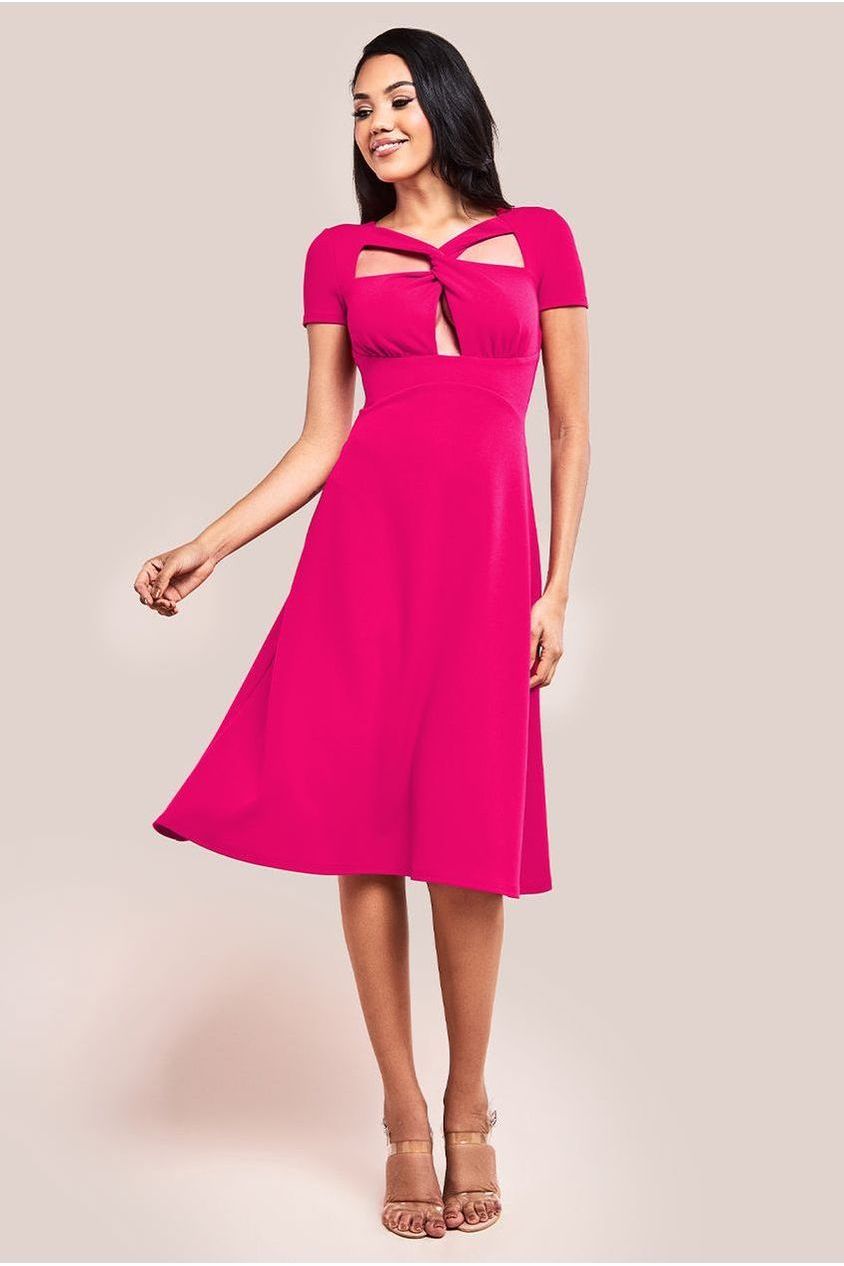 goddiva Scuba Crepe Twist Cutout Midi Dress - Hot Pink by Goddiva