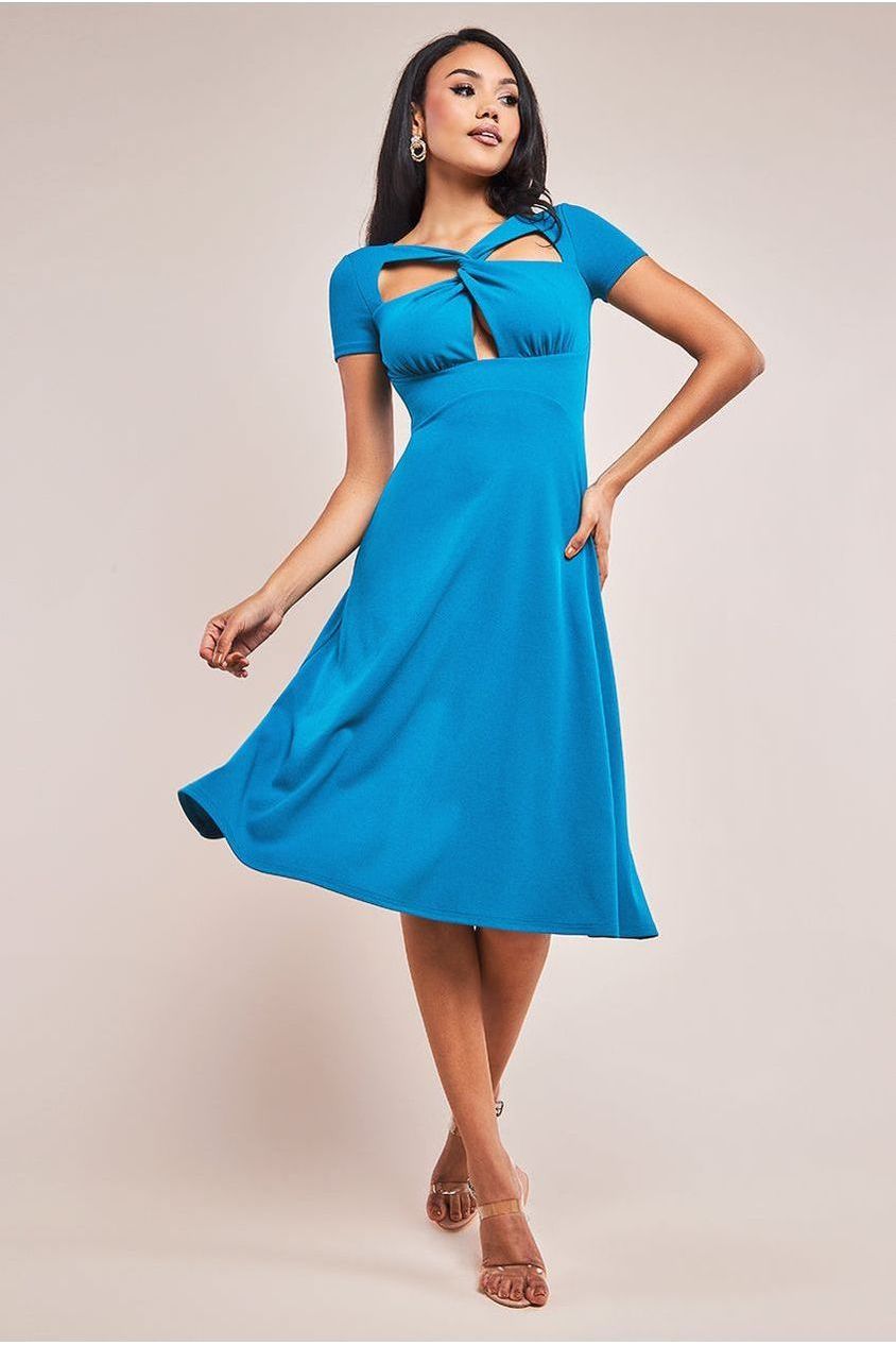 goddiva Scuba Crepe Twist Cutout Midi Dress - Teal Blue by Goddiva
