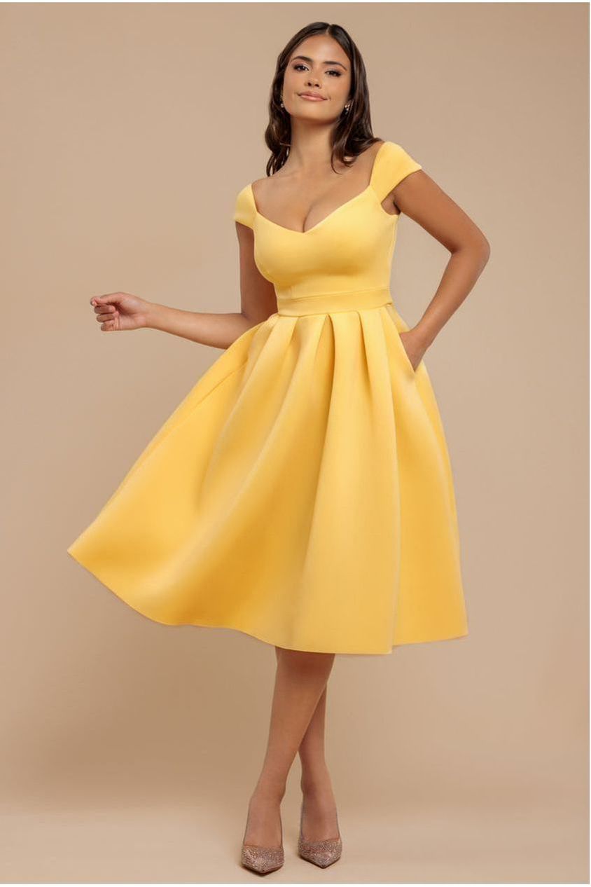 goddiva Scuba Foam Skater Midi Dress - Lemon by Goddiva