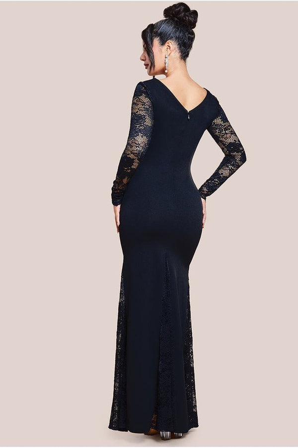 Goddiva Scuba & Lace Long Sleeve Maxi Dress - Black By Goddiva
