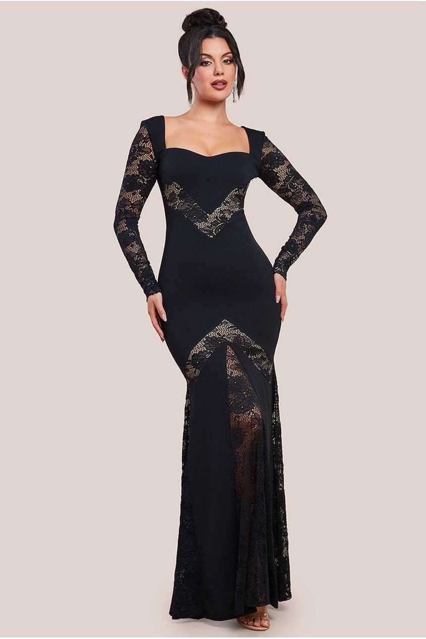 goddiva Scuba & Lace Long Sleeve Maxi Dress - Black by Goddiva