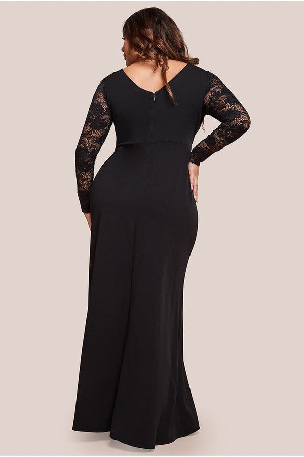 Goddiva Scuba & Lace Wrap Maxi Dress - Black By Goddiva Plus