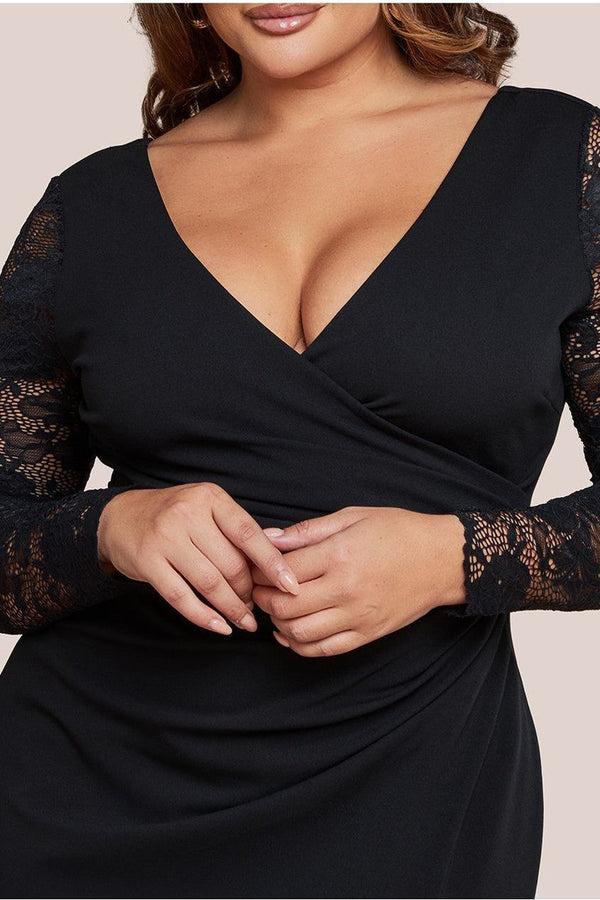 Goddiva Scuba & Lace Wrap Maxi Dress - Black By Goddiva Plus