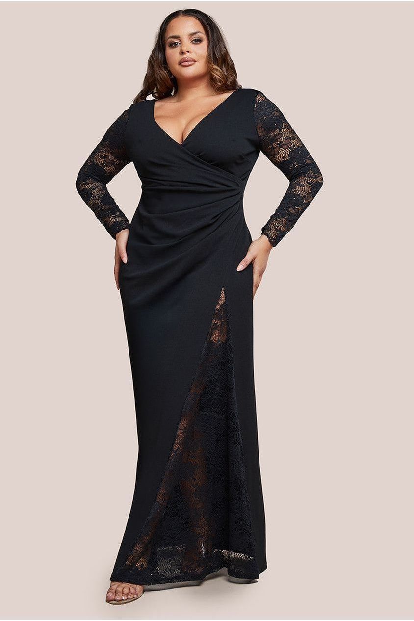 goddiva Scuba & Lace Wrap Maxi Dress - Black by Goddiva Plus