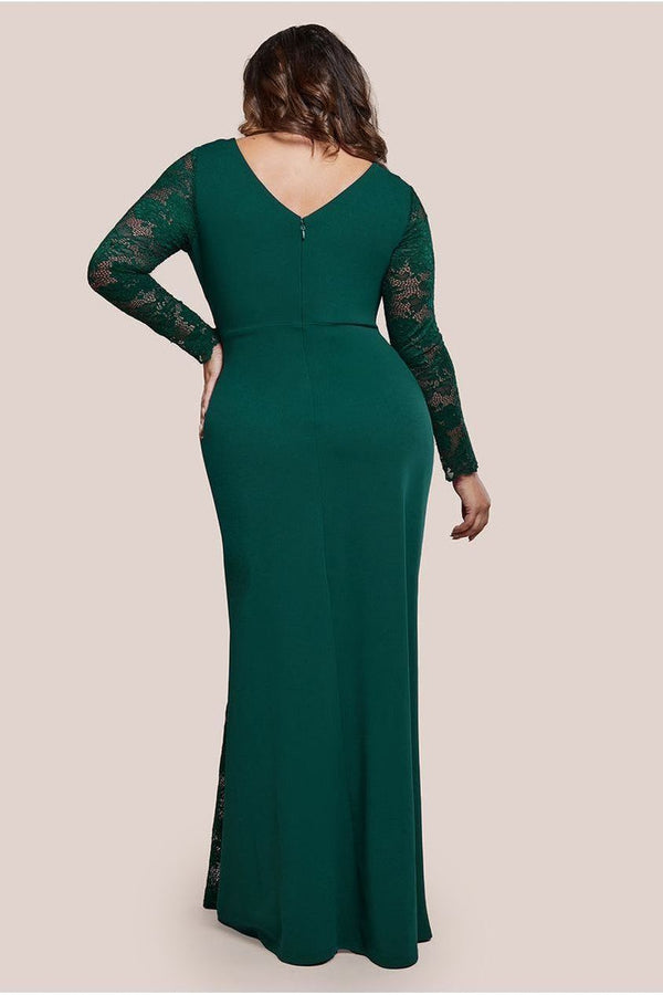 Goddiva Scuba & Lace Wrap Maxi Dress - Emerald By Goddiva Plus