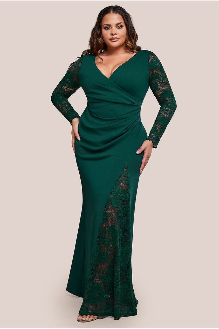 goddiva Scuba & Lace Wrap Maxi Dress - Emerald by Goddiva Plus