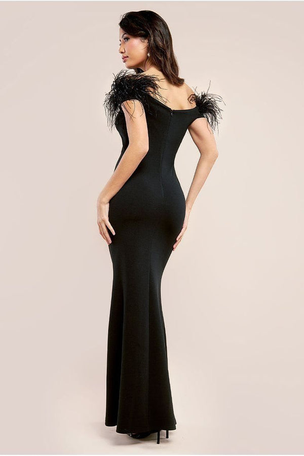 Goddiva Scuba Off The Shoulder Feather Trim Maxi - Black By Goddiva