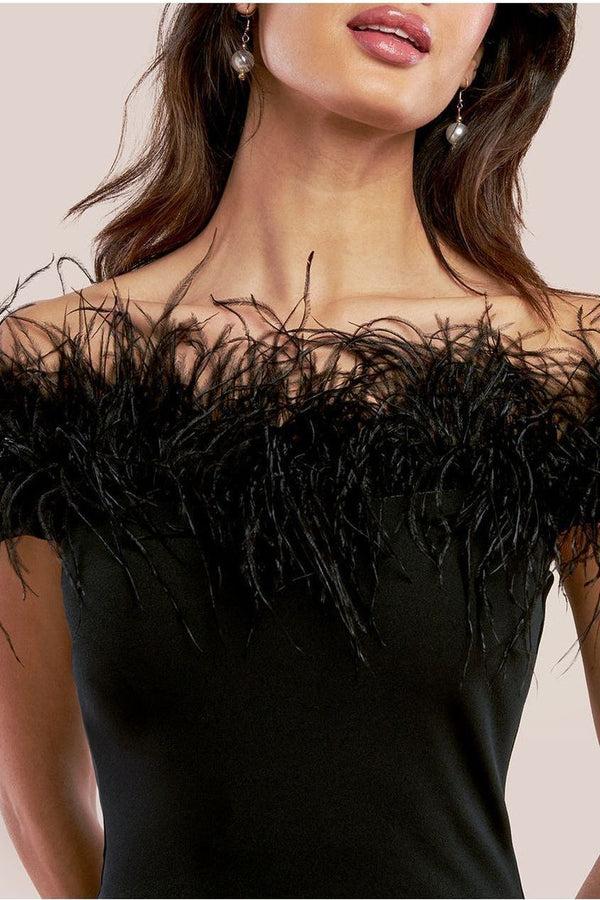 Goddiva Scuba Off The Shoulder Feather Trim Maxi - Black By Goddiva