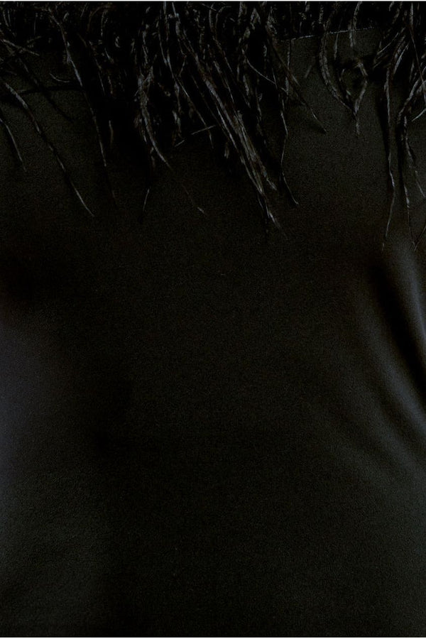 Goddiva Scuba Off The Shoulder Feather Trim Maxi - Black By Goddiva