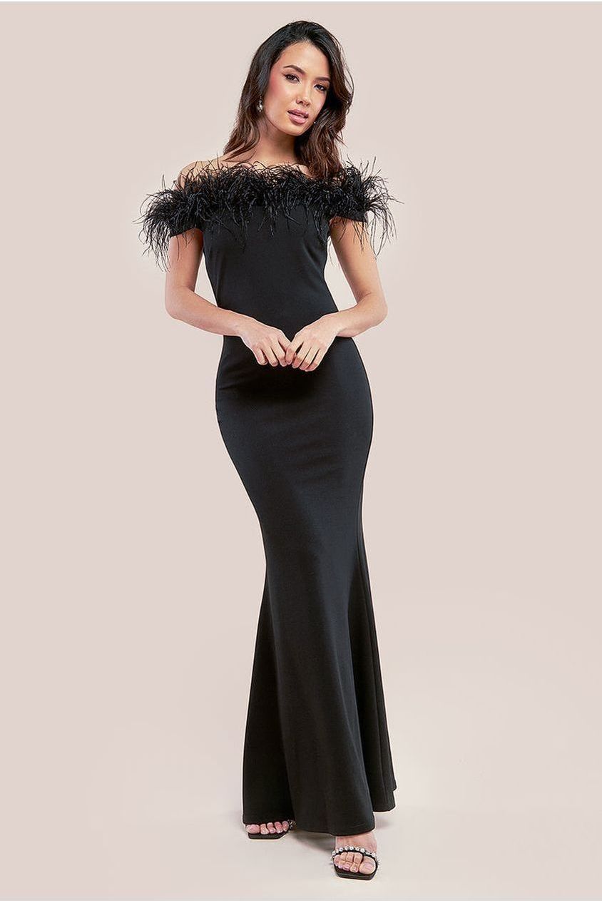 goddiva Scuba Off The Shoulder Feather Trim Maxi - Black by Goddiva