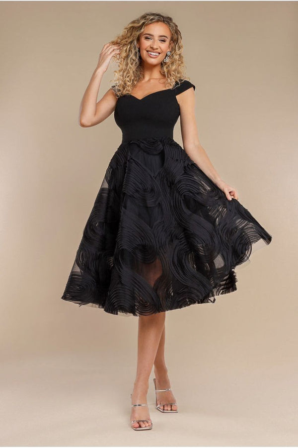 Goddiva Scuba & Textured Chiffon A Line Midi Dress - Black By Goddiva