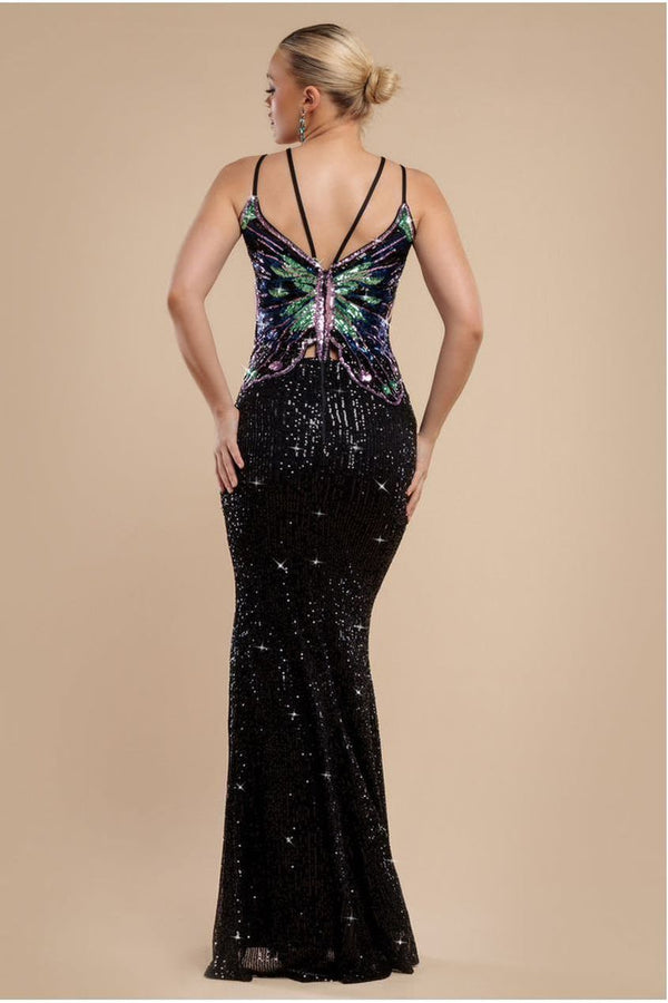 Goddiva Sequin Butterfly Front Split Maxi Dress - Black By Goddiva