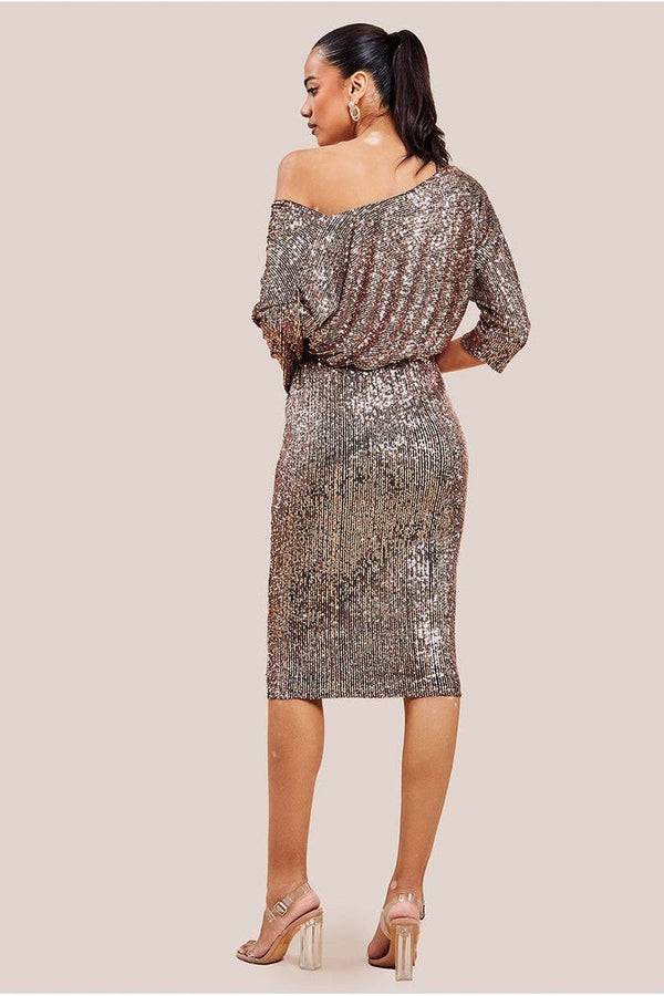 Goddiva Sequin Cowl Neck Midi Dress - Champagne By Goddiva