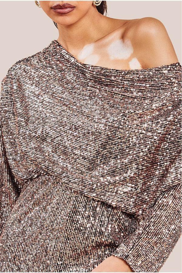 Goddiva Sequin Cowl Neck Midi Dress - Champagne By Goddiva