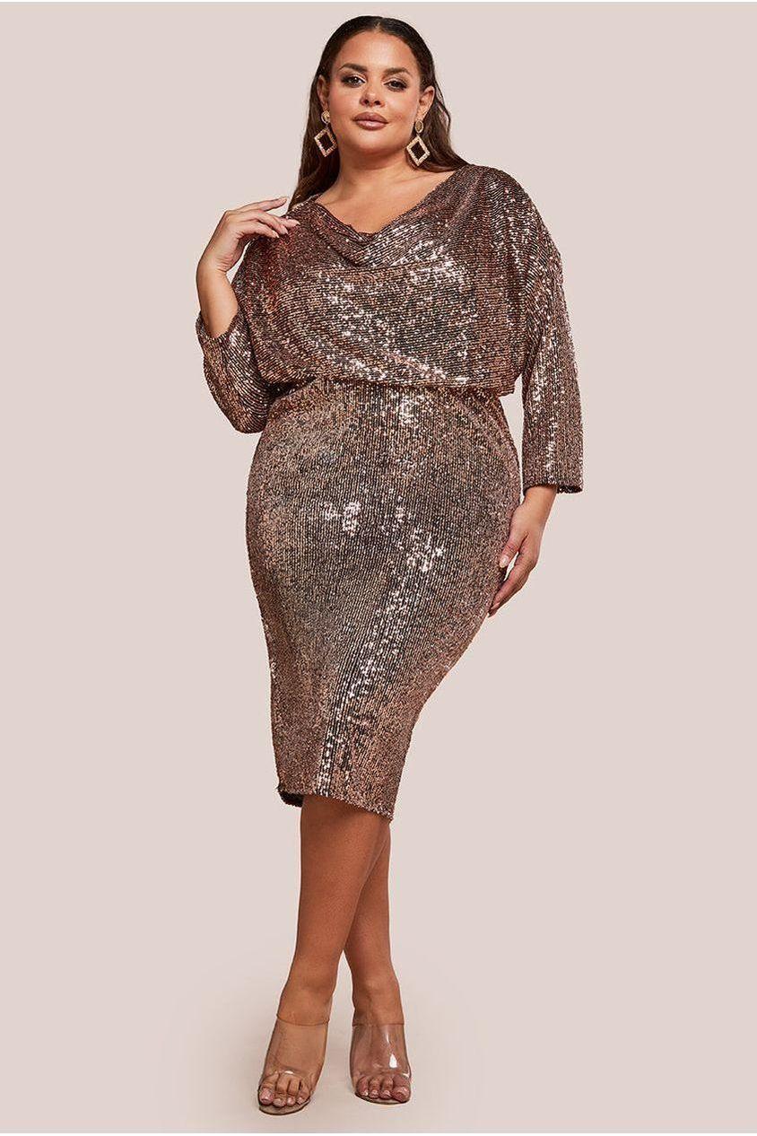 goddiva Sequin Cowl Neck Midi Dress - Champagne by Goddiva Plus