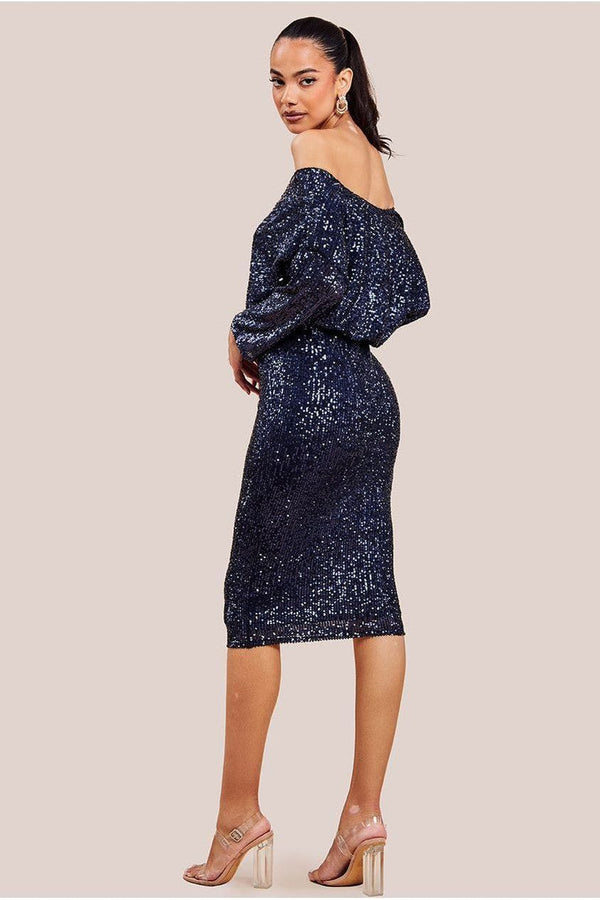 Goddiva Sequin Cowl Neck Midi Dress - Navy By Goddiva