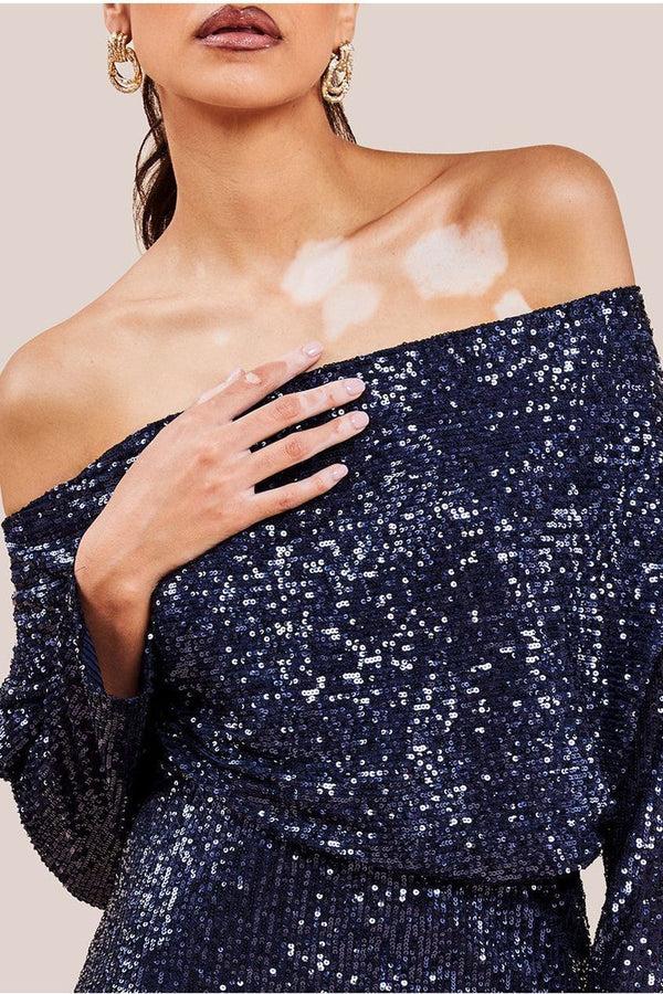 Goddiva Sequin Cowl Neck Midi Dress - Navy By Goddiva