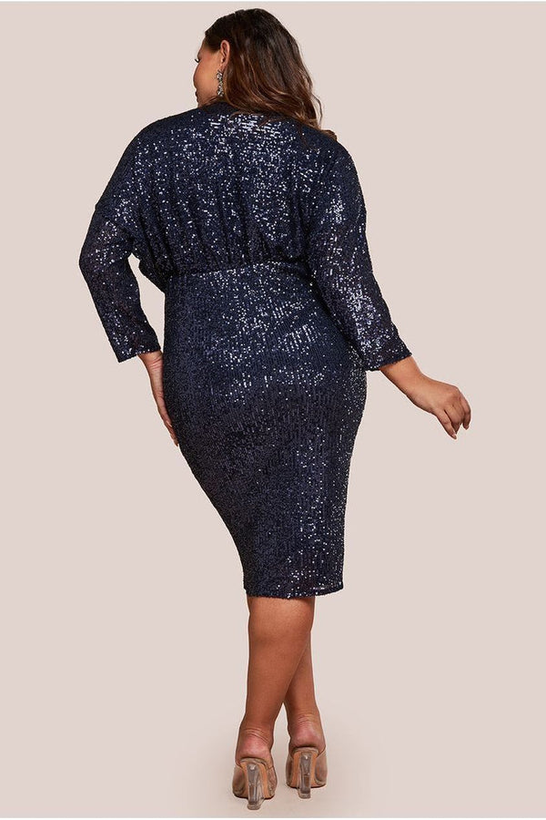 Goddiva Sequin Cowl Neck Midi Dress - Navy By Goddiva Plus