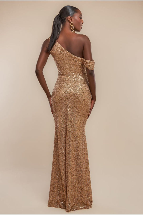 Goddiva Sequin Cowl One Shoulder Maxi Dress - Gold By Goddiva