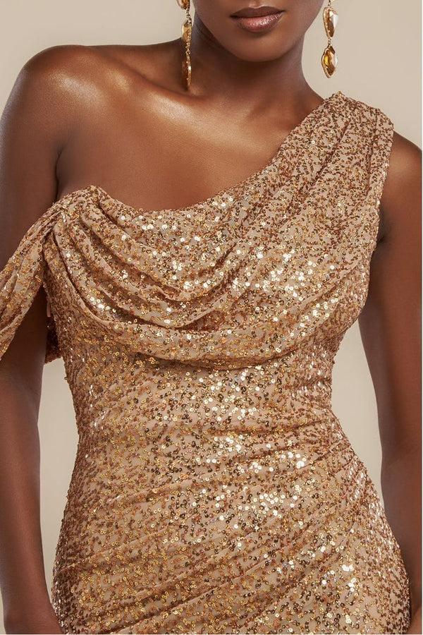 Goddiva Sequin Cowl One Shoulder Maxi Dress - Gold By Goddiva