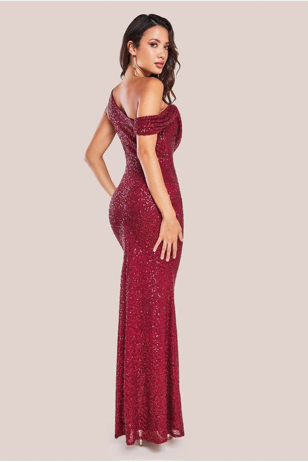 Goddiva Sequin Cowl One Shoulder Maxi Dress - Wine By Goddiva