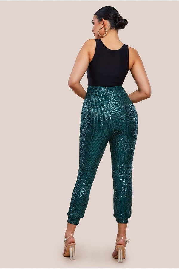 Goddiva Sequin Cuffed Ankle Trouser - Emerald By Goddiva