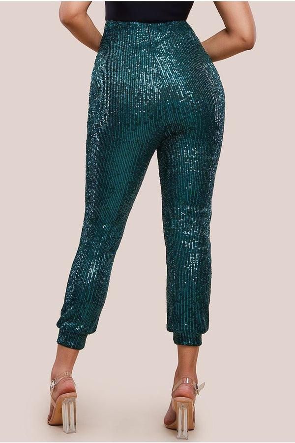 Goddiva Sequin Cuffed Ankle Trouser - Emerald By Goddiva
