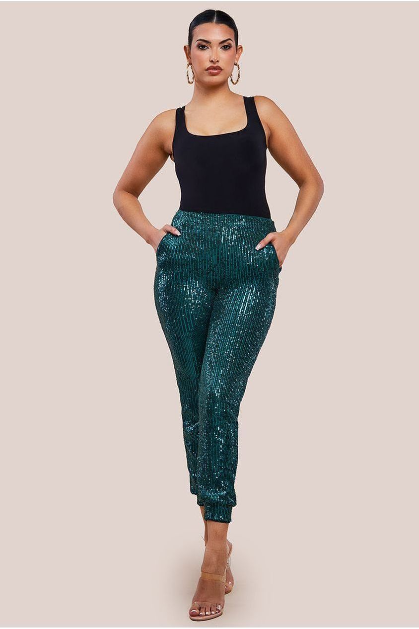 goddiva Sequin Cuffed Ankle Trouser - Emerald by Goddiva