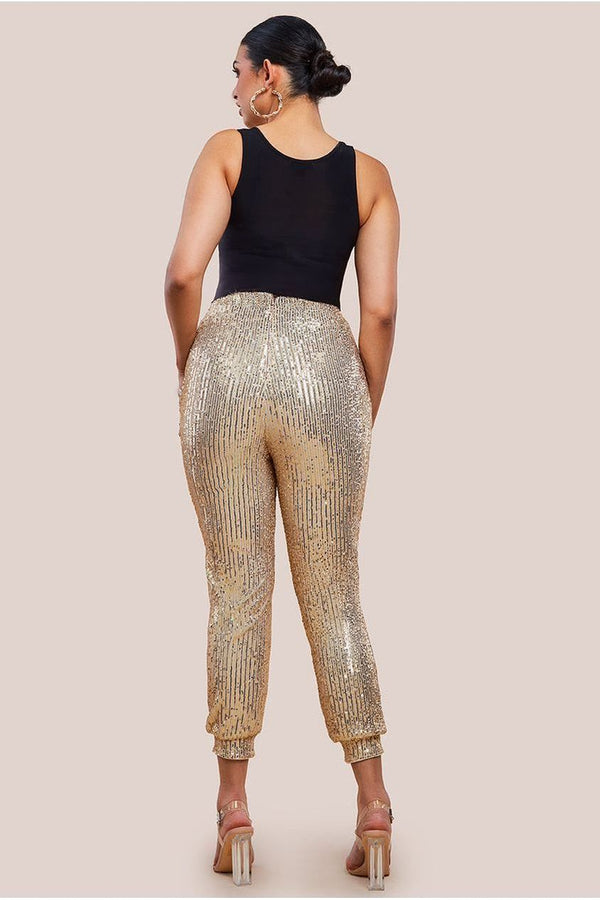 Goddiva Sequin Cuffed Ankle Trouser - Gold By Goddiva