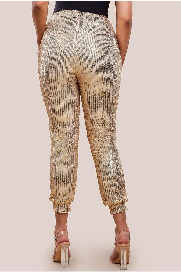 Goddiva Sequin Cuffed Ankle Trouser - Gold By Goddiva
