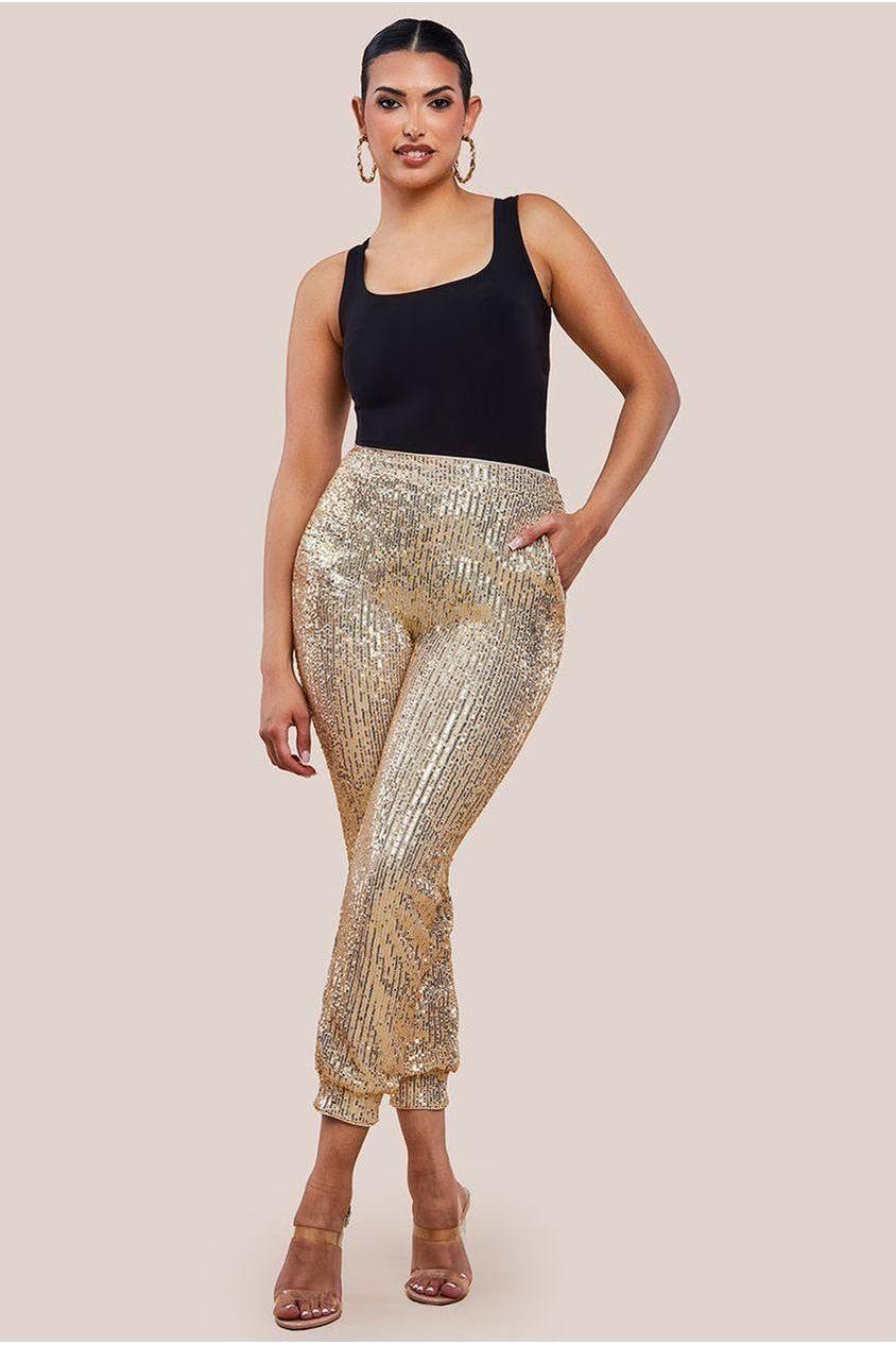 goddiva Sequin Cuffed Ankle Trouser - Gold by Goddiva