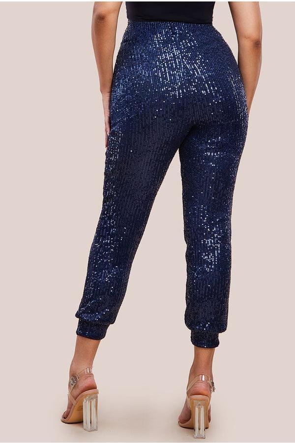 Goddiva Sequin Cuffed Ankle Trouser - Navy By Goddiva