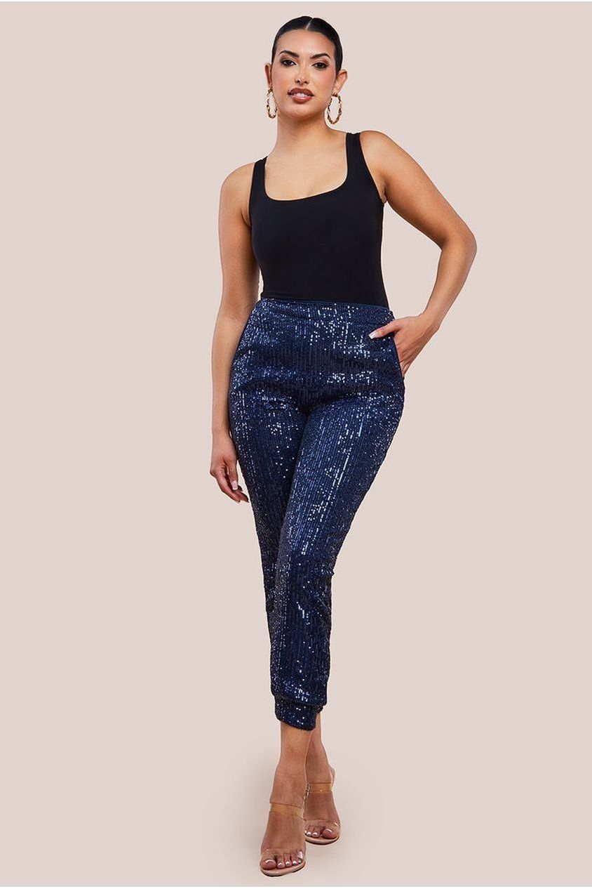 goddiva Sequin Cuffed Ankle Trouser - Navy by Goddiva