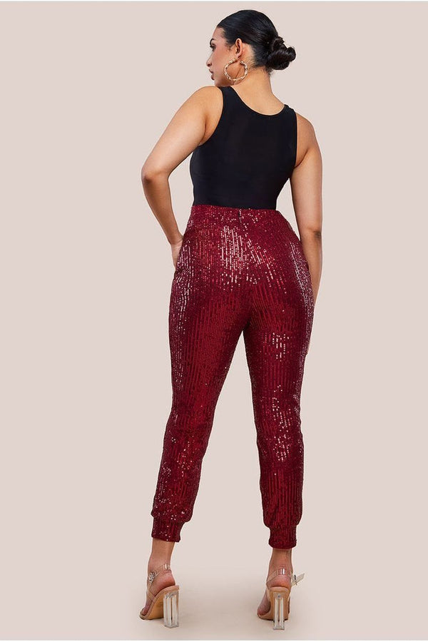 Goddiva Sequin Cuffed Ankle Trouser - Wine By Goddiva